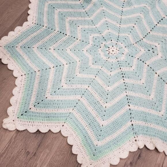 Handmade Crocheted Baby Blanket Star Pattern Soft Mint & White snowflake pattern - Picture 5 of 6
